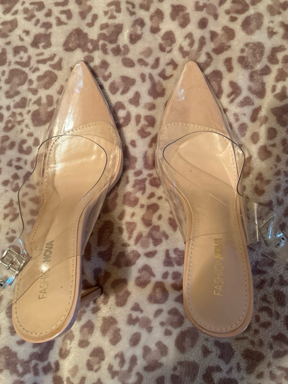 Fashion Nova Nude Clear Pointed Slingback Heels